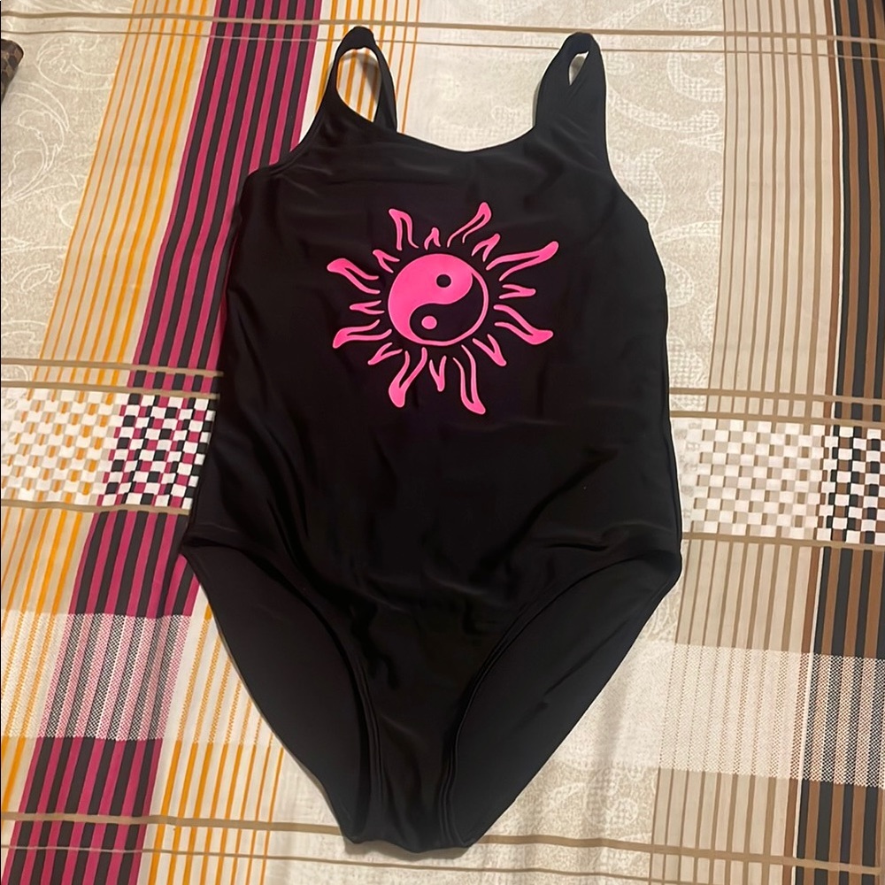 Black Swimsuit with Pink Yin Yang Design
